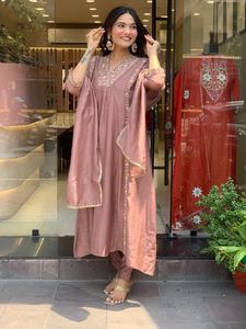 Mauve Embroidered Mul Chanderi Suit Set