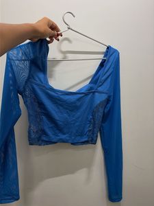 Blue Ruched Mesh Long Sleeve Top