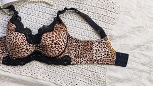 Leopard Print Lace Trim Bra