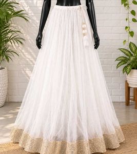 Elegant White Tulle Skirt with Golden Border