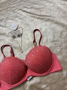Coral Lace Balconette Bra.