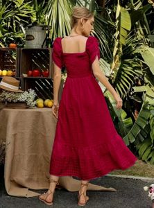 Chic Red Square Neck Puff Sleeve Midi Dress