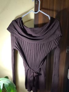 Y2K Brown Off-Shoulder Ribbed Knit Top