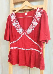 Red Embroidered Peplum Top Size-34