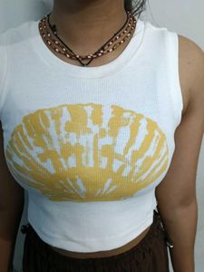 White Cropped Tank Top with Yellow Graphic