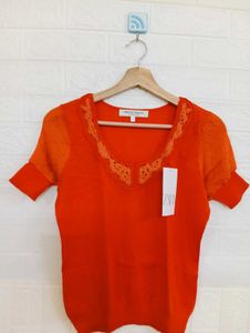 Orange Lace Trim Knit Top