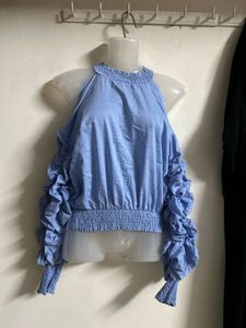 Blue Cold Shoulder Ruffle Sleeve Top