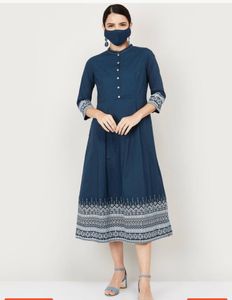 Biba Women Ethnic Teal Color Dress with Mask