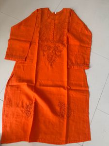 Vibrant Orange Embroidered Kurta Top