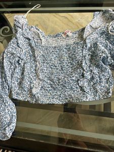 Blue Floral Smocked Crop Top