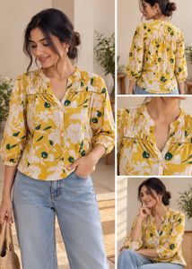 Yellow Floral Print Button-Up Blouse