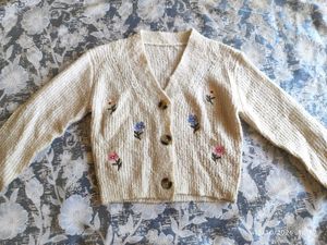Cream Embroidered Knit Cardigan