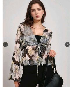 Sheer Floral Tie-Front Blouse