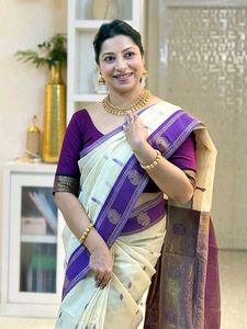 Elegant Cream & Purple Saree