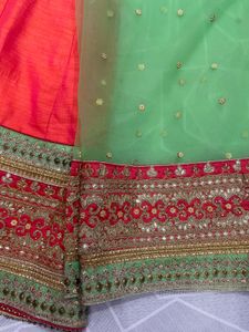 Peach and Green Embroidered Lehenga Set (Size 2XL)