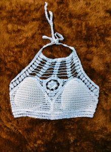 White Crochet Halter Bikini Top
