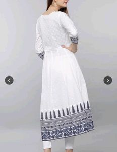 Women White &amp; Navy Blue Printed Anarkali Kurta