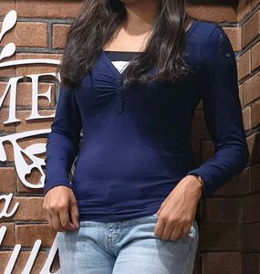 Navy Blue V-Neck Lace Trim Top