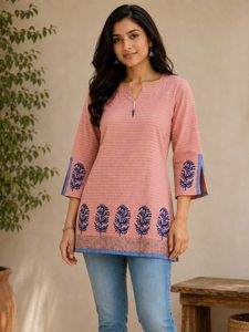 Stylish Pink Striped Kurti with Blue Floral Print