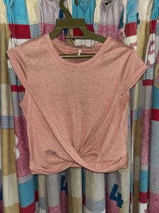 Rose sparkly Twist-Knot Short Sleeve Top