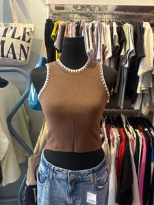 Brown Ribbed Crop Top with White Trim