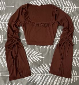 Brown Long Sleeve Tie Detail Crop Top