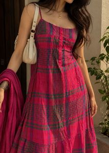 Women's Pink Plaid Spaghetti Strap Kurta