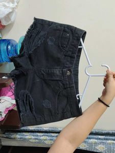 Distressed Black Denim Shorts