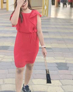 Red Ruffled Sleeve Sheath Dress