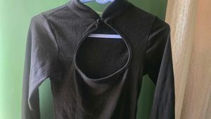 Ribbed Black Cut-out Long Sleeve Top