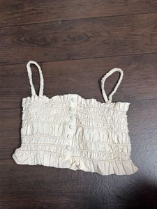 Cream Smocked Button-Up Crop Top