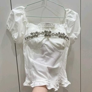 White square neck puff crop top with rhinestones🪞