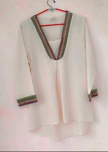 Cream Embroidered V-Neck Kurta