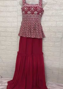 Rose Pink Embellished Peplum Top With Sharara