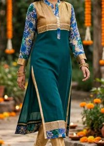 Elegant Teal Kurta Set with Floral Sleeves