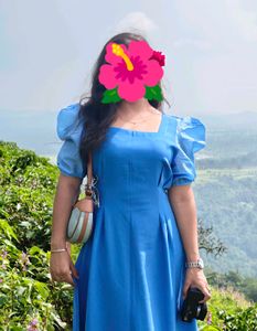 Blue Square Neck Puff Sleeve Midi Dress