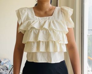 Cute Korean Cream Ruffled Square Neck Top