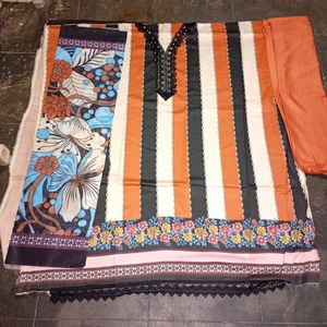 Orange &amp; Black Floral dress material
