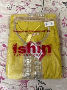 Yellow Kaftan Kurta Set with Mirror Work