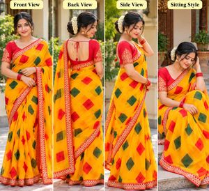 Vibrant Yellow Saree with Red &amp; Green Blocks