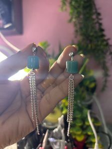 Chunky Turquoise Drop Earrings with Silver Chains