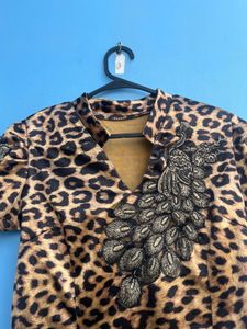 Leopard Print Peacock Embellished Y2k Top