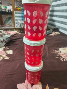 Set of 3 Red Leaf Print Containers