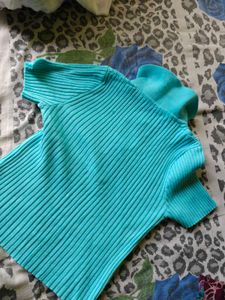 Turquoise Ribbed Collared Top