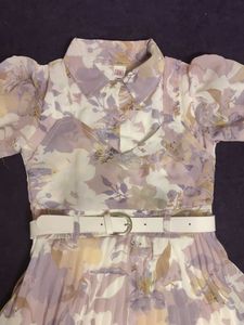 white Mauve Chic Floral Print Dress with Belt
