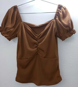 Brown Ruched Puff Sleeve Top