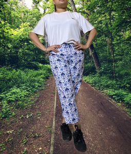 It Is A Cotton Stretch Trousers . Blue Motives With White Base. It Is Slightly Stretchable. Comfortable Fit. Grab It Fast !