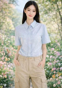 Light Blue Pleated Short Sleeve Shirt