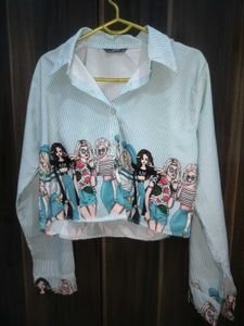 Striped Graphic Print Cropped Shirt