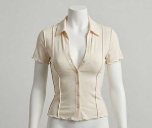 NUON Cream Textured Knit Short Sleeve Polo Top(S-M